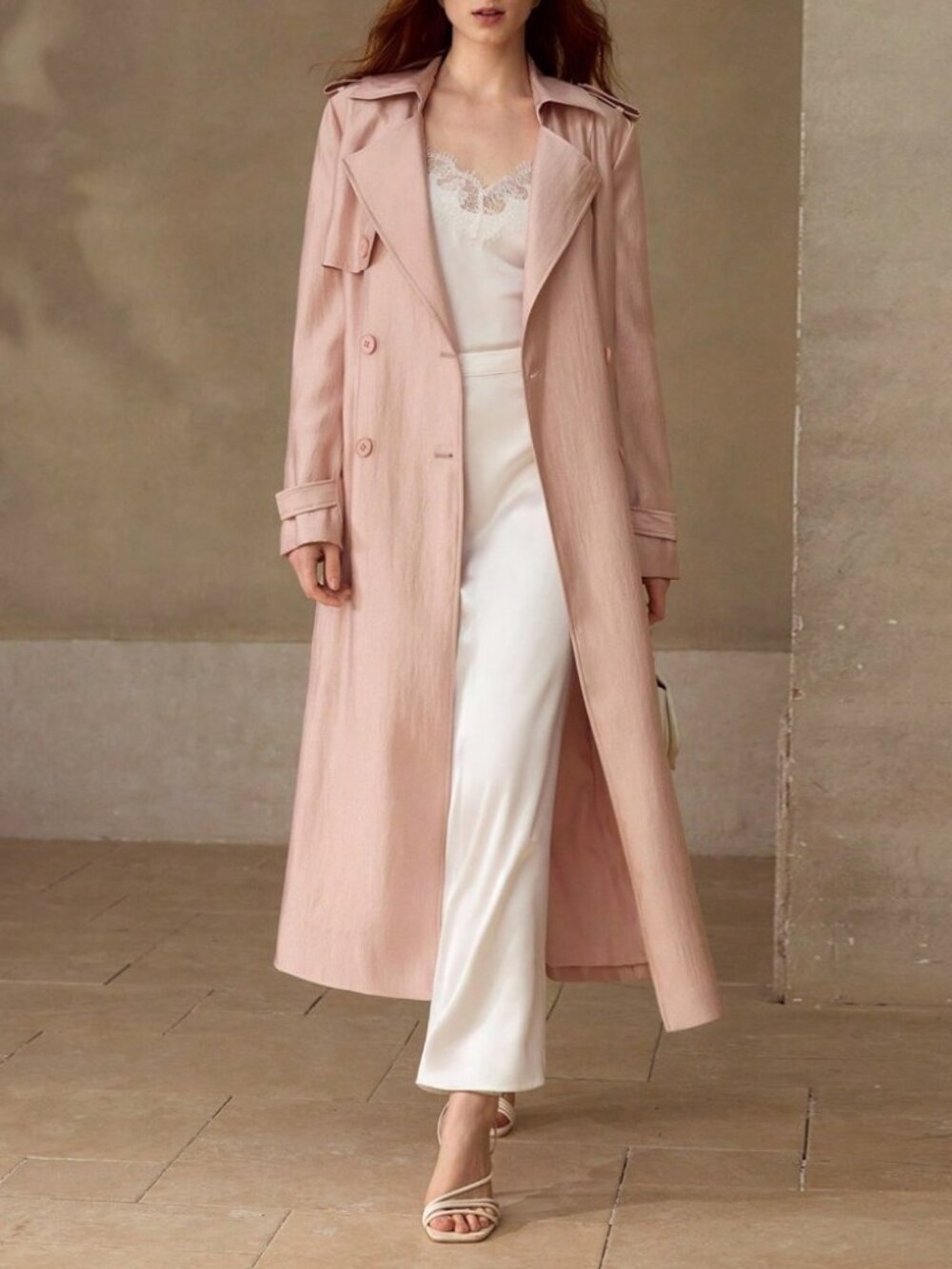 Blush Pink Longline Trench Coat with Belted Cuffs